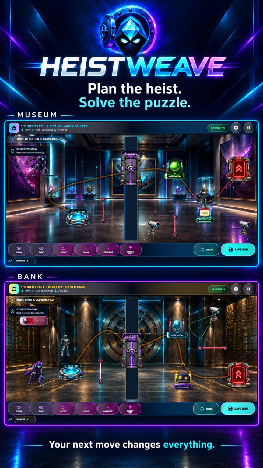Official HEISTWEAVE promotional artwork featuring museum and bank heists