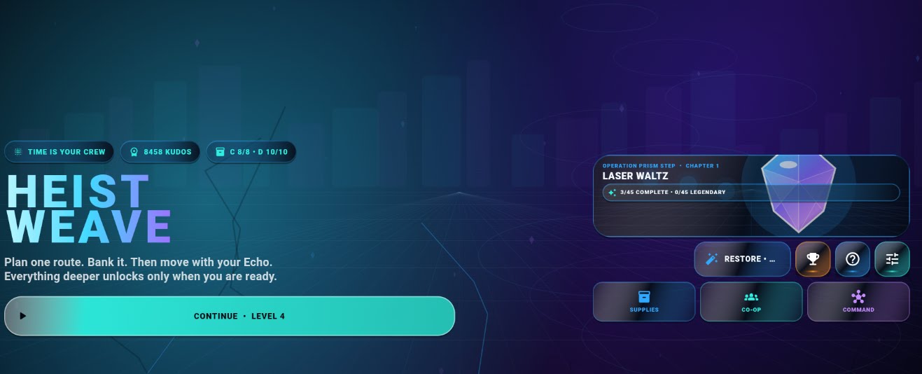 The HEISTWEAVE main game hub showing campaign progress and co-op access