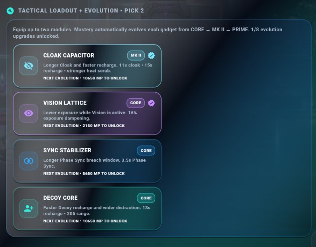 HEISTWEAVE tactical loadout screen showing upgradeable modules